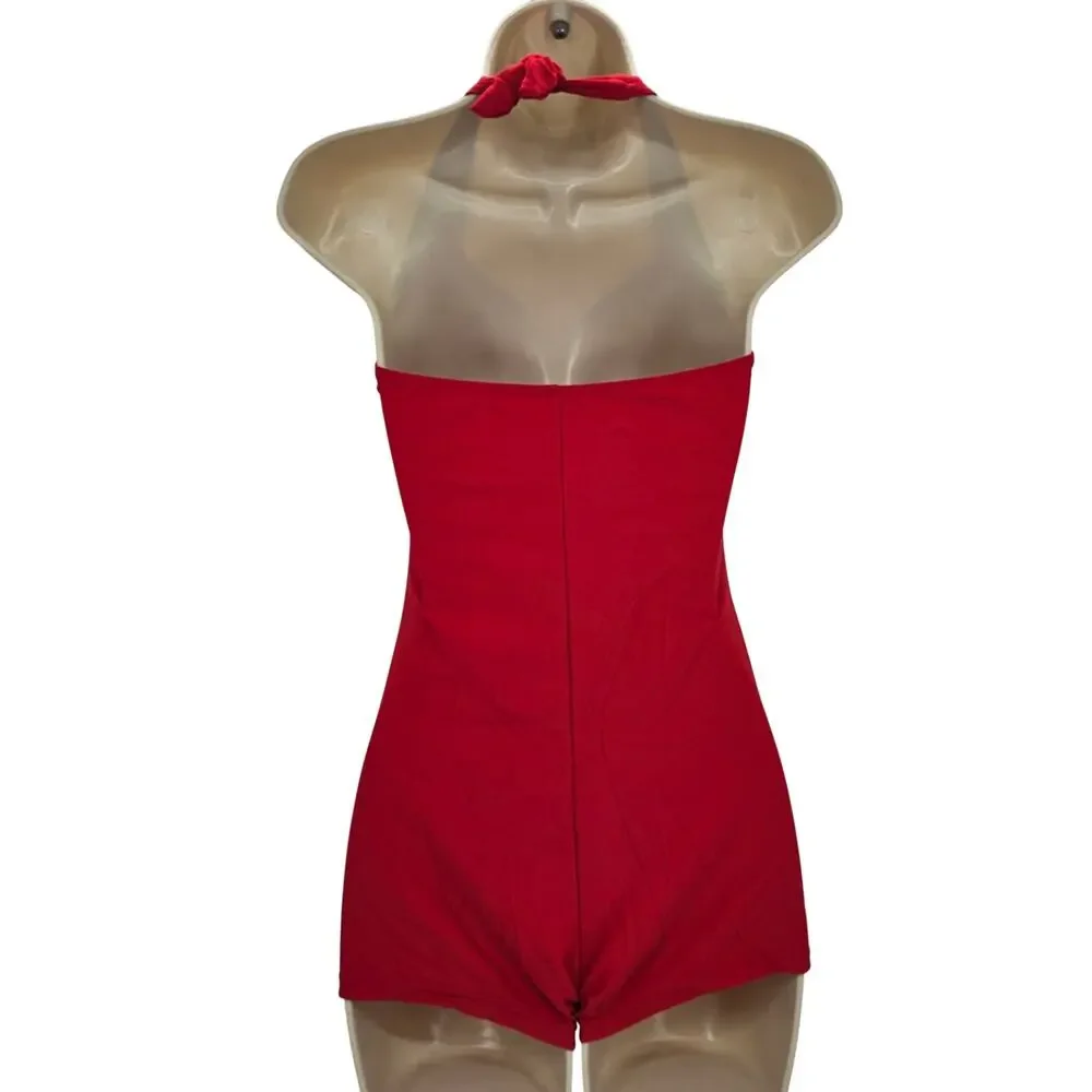 Tempt Me Womans size 5XL Retro Halter Boyleg Ruched One Piece Swimsuit Red NWOT